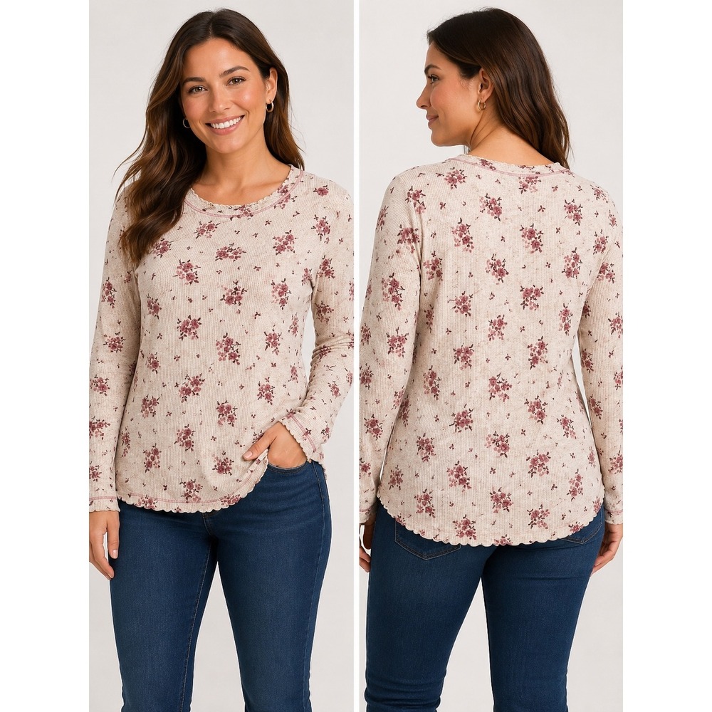 Laura Ashley Womens Floral Waffle Knit Thermal Top Cream Burgundy Small